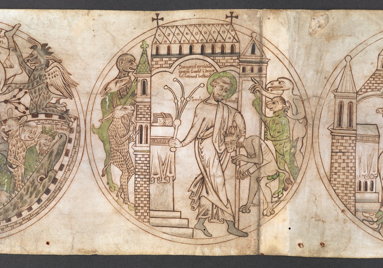 Roundel of St Guthlac whipping the beastly demons who have invaded his house, with the inscription 