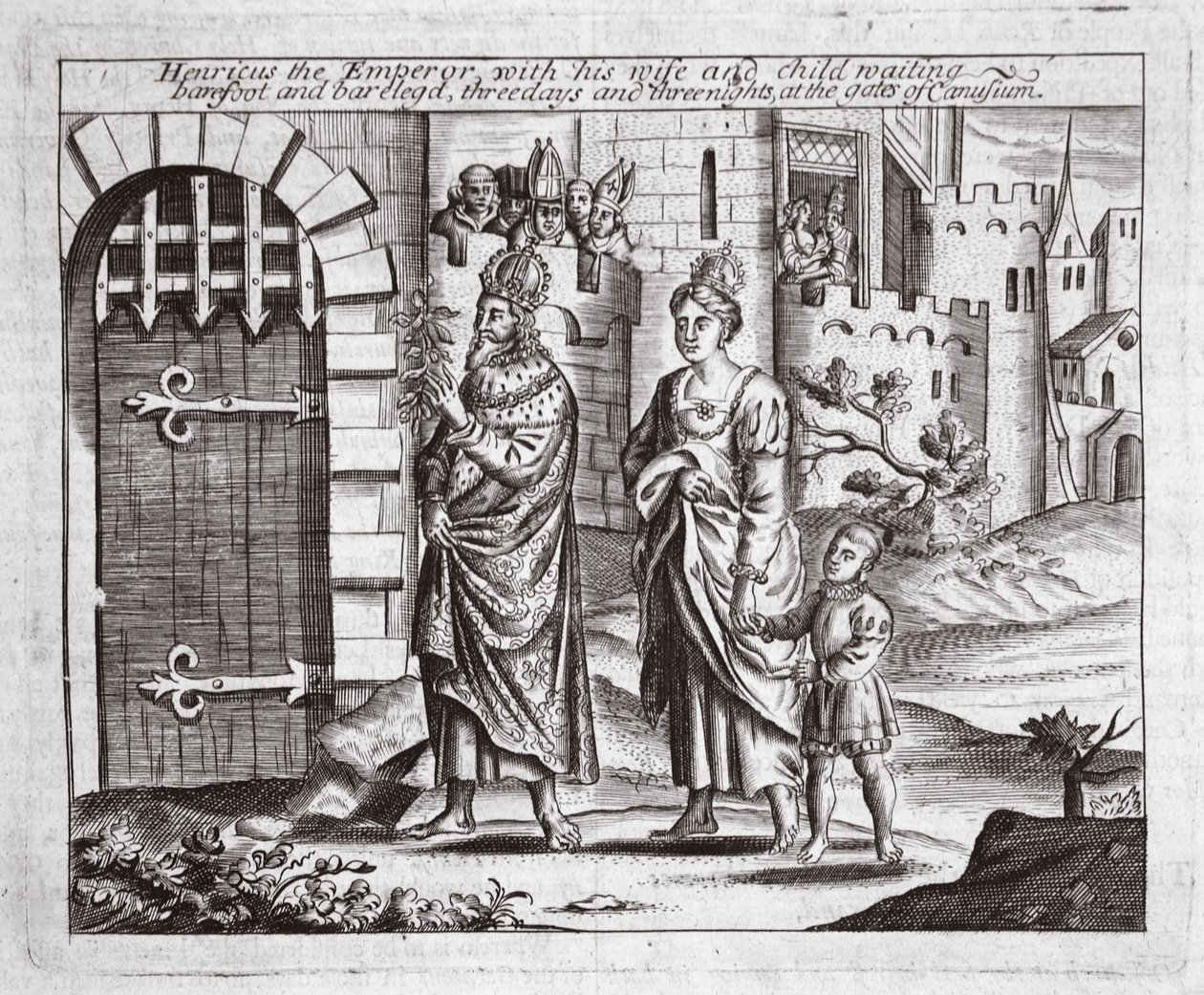 Henricus the Emperor with his wife and child waiting, barefoot and barelegged, three days and three nights at the gates of Canusuam, illustration from Acts and Monuments by John Foxe, ninth edition by English School