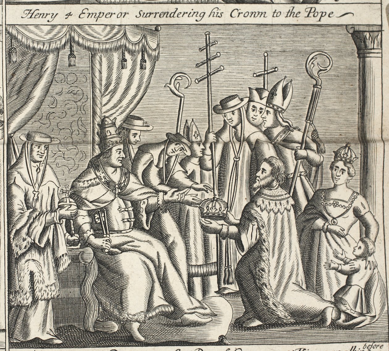 Henry 4 Emperor surrendering his crown to the Pope, illustration from Acts and Monuments by John Foxe, ninth edition, pub. 1684 by English School