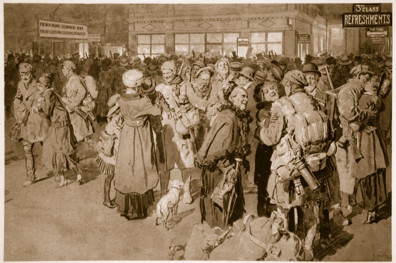 Home on leave: After the arrival of the trench special at London terminus by English School