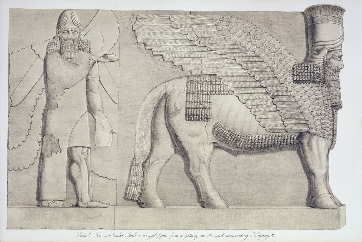 Human-headed Bull and winged figure from a gateway on the wall surrounding Koujunjik (plate 3) from Nineveh and its Remains by Austen Henry Layard published 1849 by English School