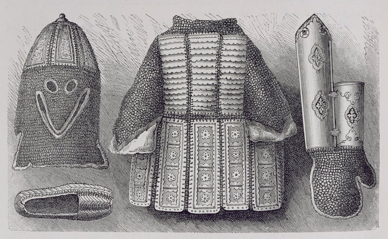 Indian Panoply Consisting of Helmet, Tunic, Gauntlets and Shoes from Bhuj, from The History of Mankind, Vol.III, by Prof. Friedrich Ratzel, 1898 by English School