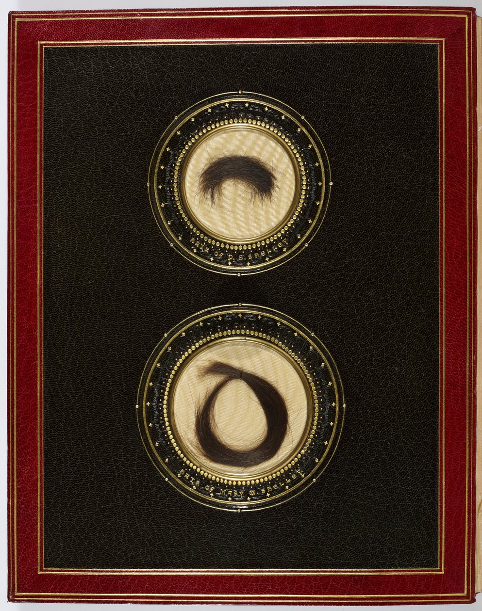 Inside Front Cover, with locks of hair from Percy Bysshe Shelley and his wife Mary Shelley (mixed media) by English School