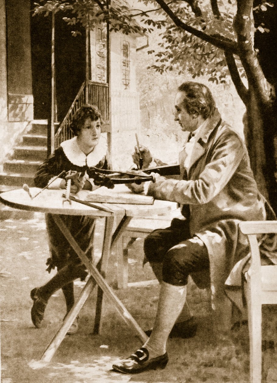 Johann Wolfgang von Goethe instructing his son, August, how to shoot with a cross-bow by English School