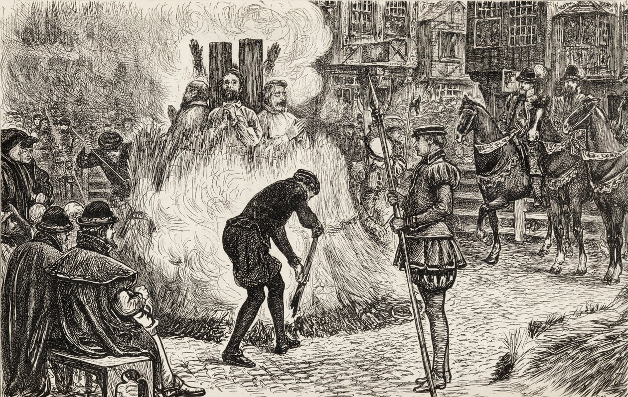 John Bland, John Frankesh, Nicholas Sheterden and Humphrey Middleton Burnt Alive for Heresy in the 16th Century, c.1865 by English School