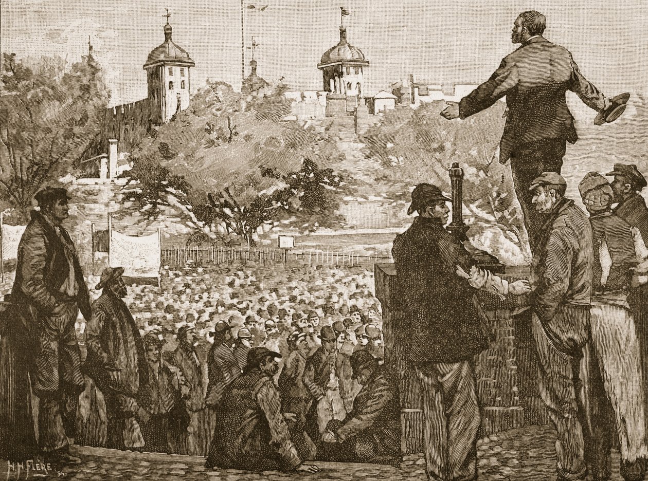 John Burns Addressing a Meeting of Dockers at Tower Hill, 1889, Illustration from Cassell