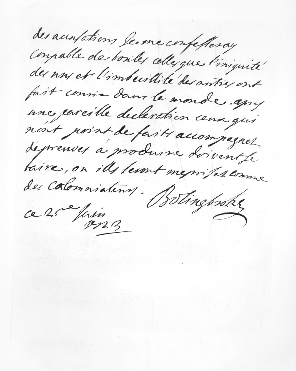 Letter sent by Lord Bolingbroke to the Abbé Alari by English School