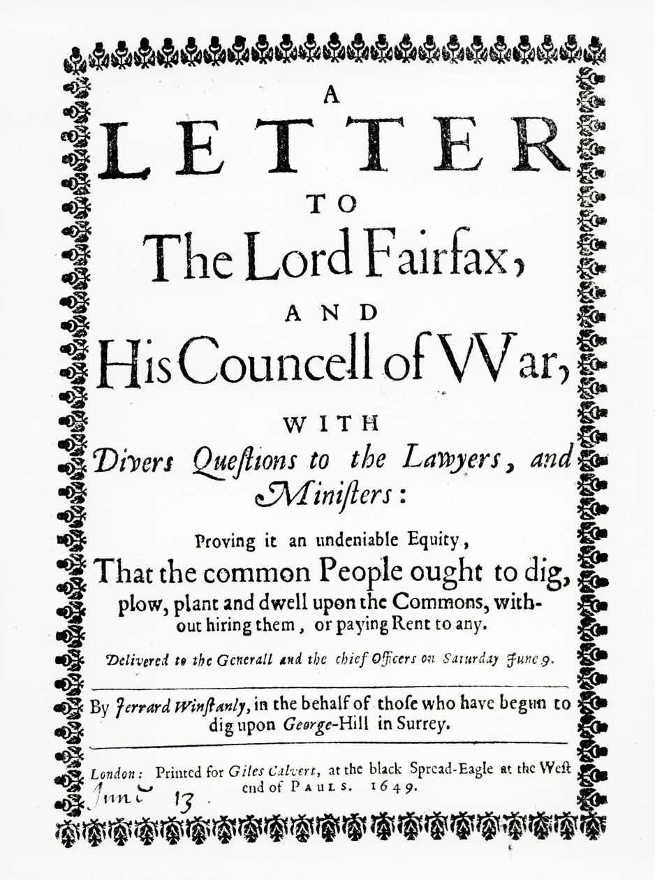 Letter to Lord Fairfax from Gerrard Winstanley on behalf of the Diggers at St. George Hill, Surrey, printed 1649 by English School