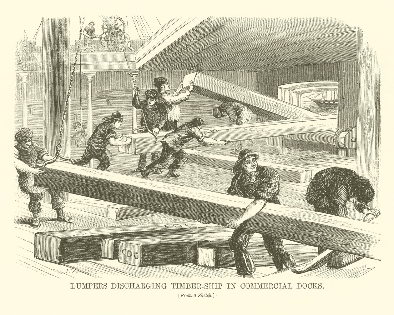 Lumpers Discharging Timber-Ship in Commercial Docks by English School