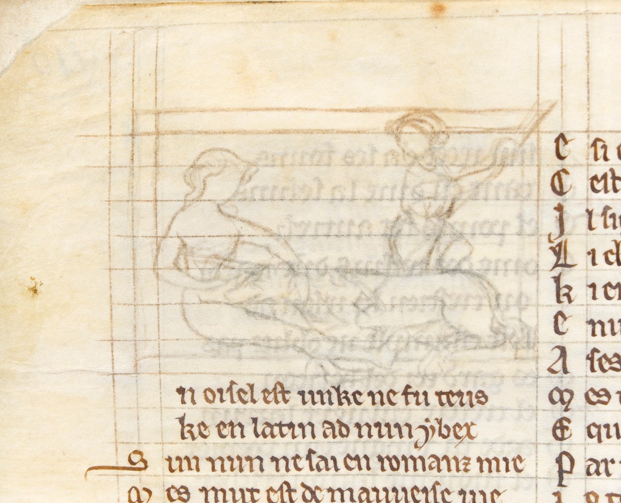 Underdrawing for a miniature showing a hunter catching a unicorn lying naked in a virgin