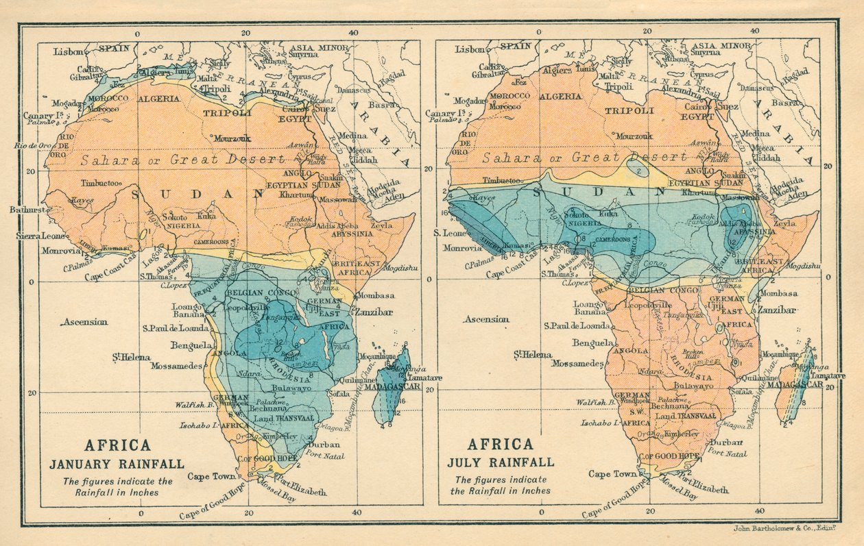 Map: Africa, January Rainfall, July Rainfall by English School