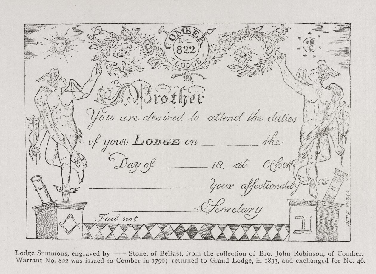 Masonic lodge summons, dated 1796 by English School