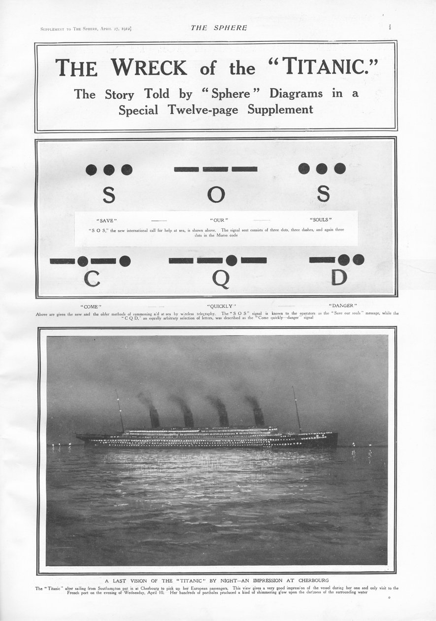Morse Code signals and illustration of the steam ship docked at Cherbourg at night, from The Sphere, 27 April 1912 by English School