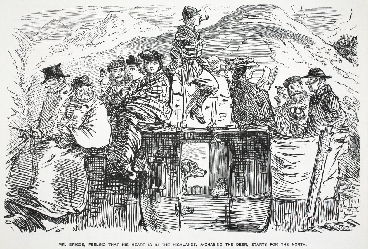 Mr. Briggs, Feeling that His Heart is in the Highlands, Starts for the North, Illustration from Punch by English School