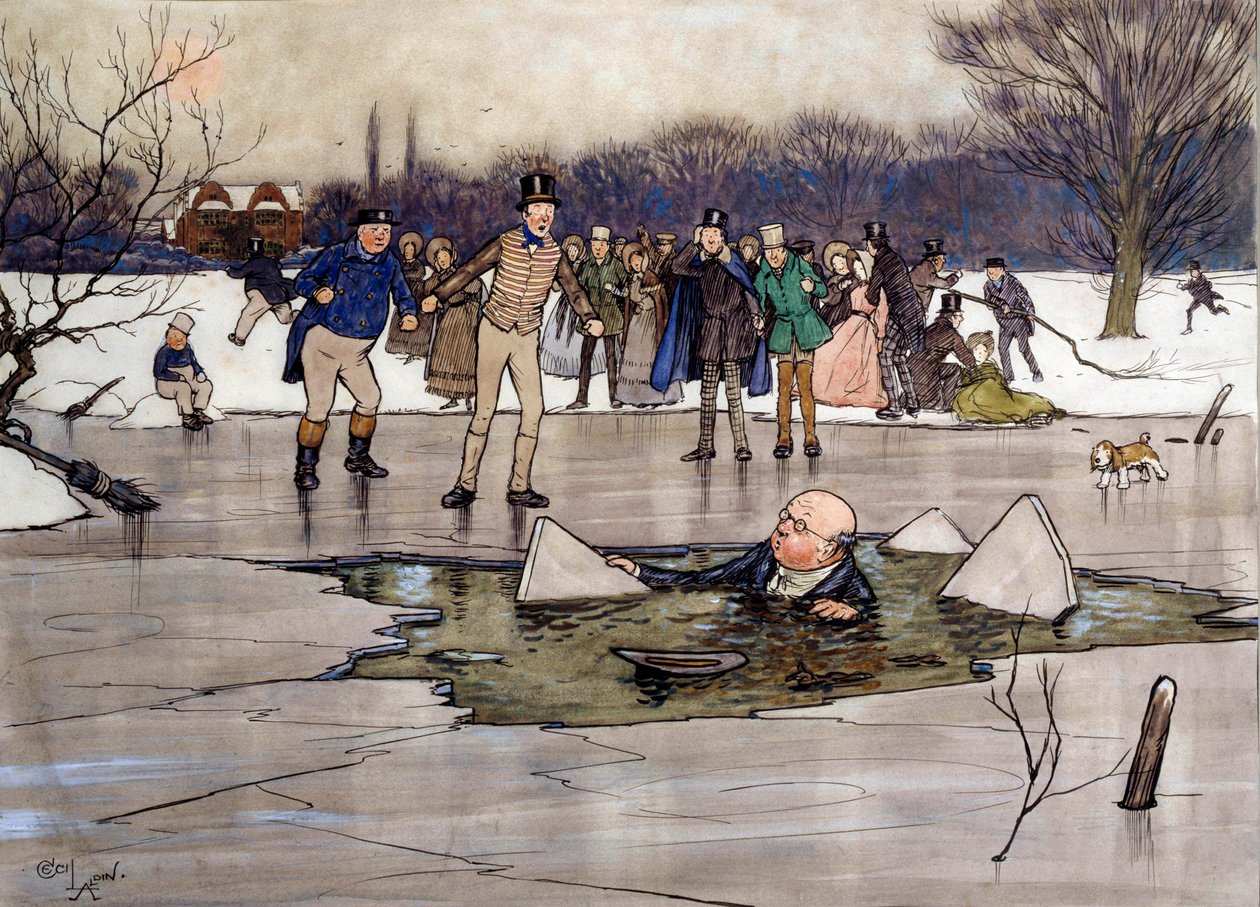 Mr. Pickwick on the Ice (Illustration of the works of Charles Dickens) by English School