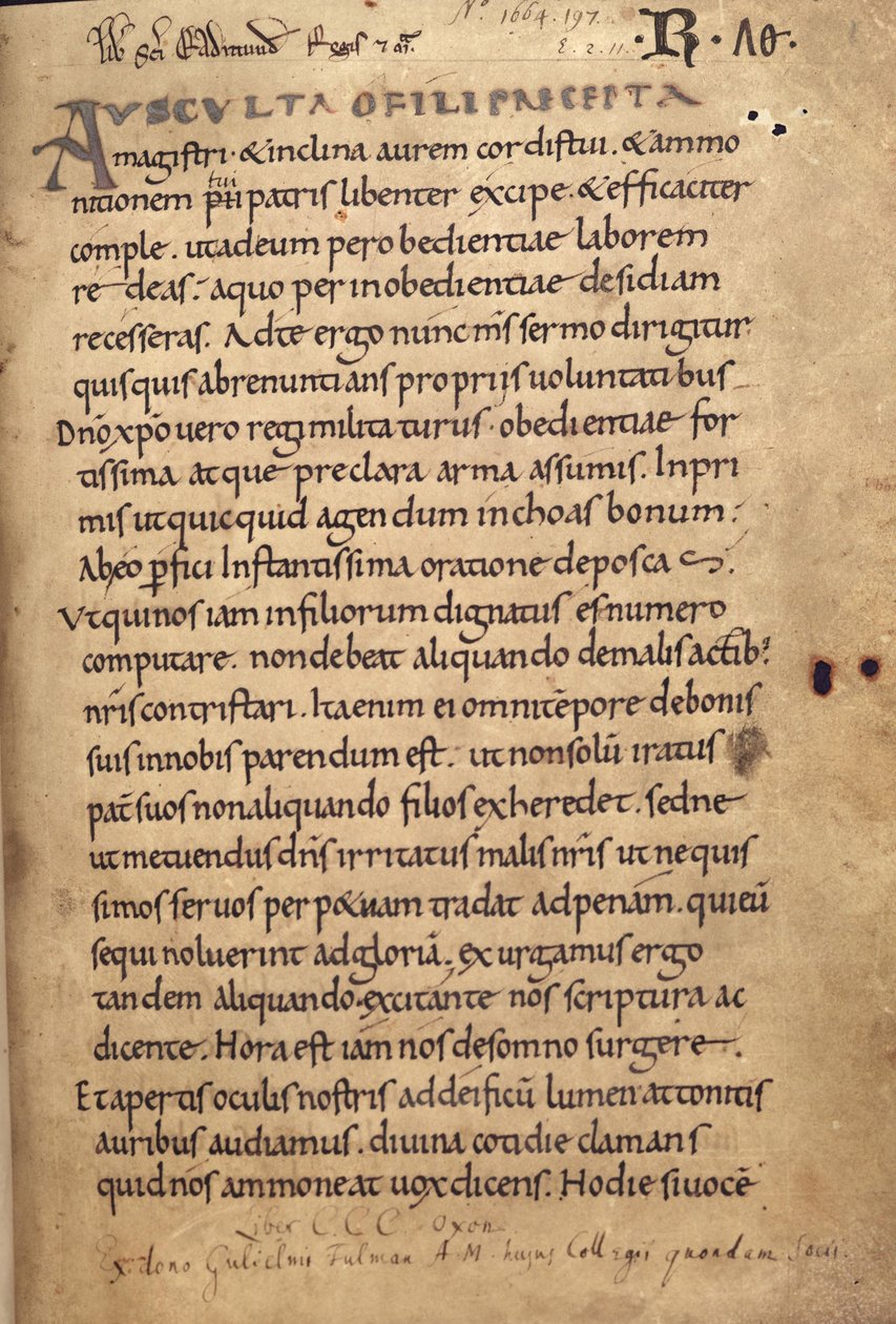 Ms. 197 f.1r Rule of St. Benedict by English School
