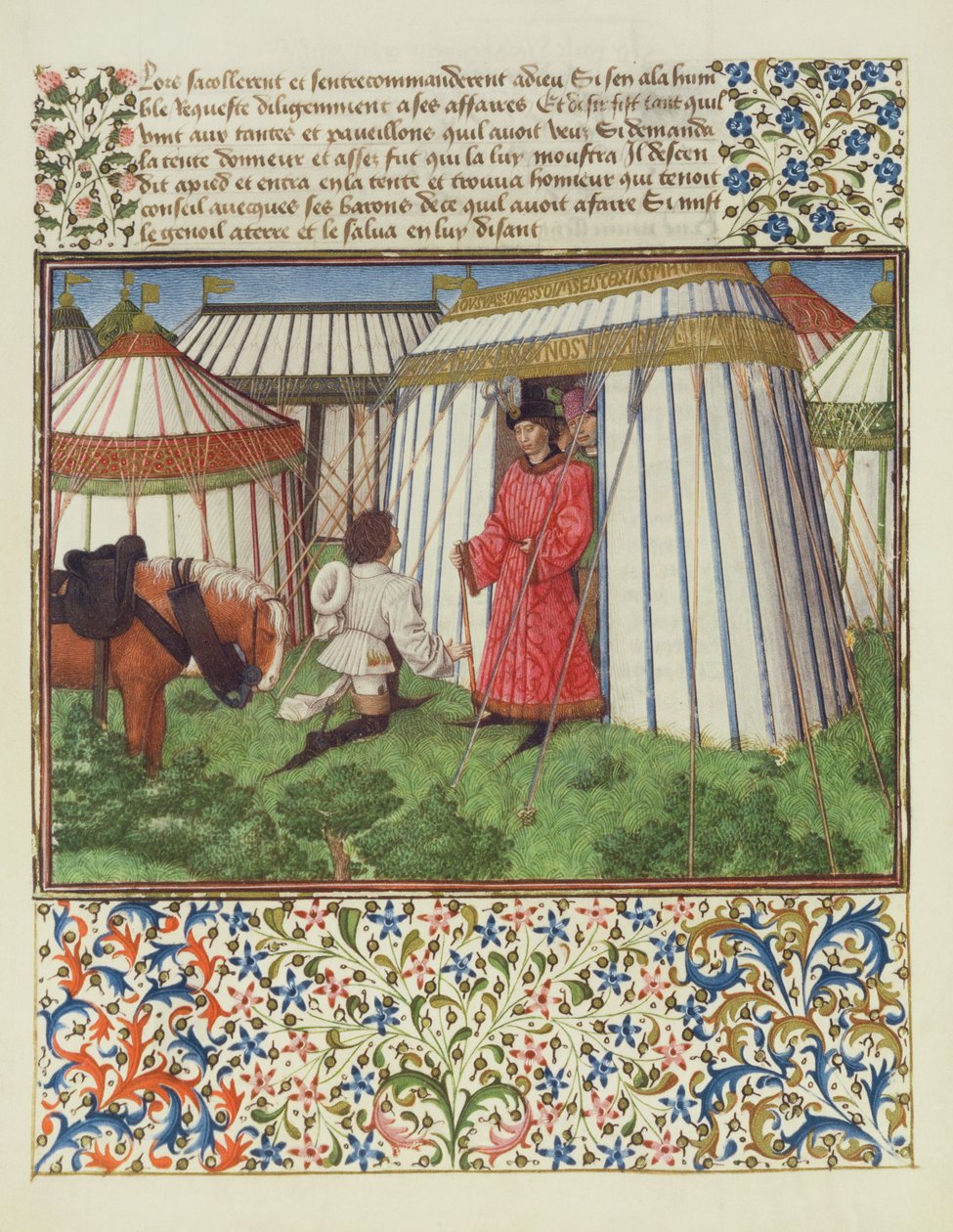 Desire kneels in front of Honour imploring the help of Heart, facsimile edition of Livre du Coeur d