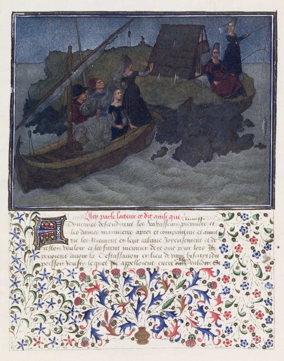 Heart, Desire and Generosity land in the night with Fiance and Expectation on the rock of the Company and Friendship, facsimile edition of Livre du Coeur d