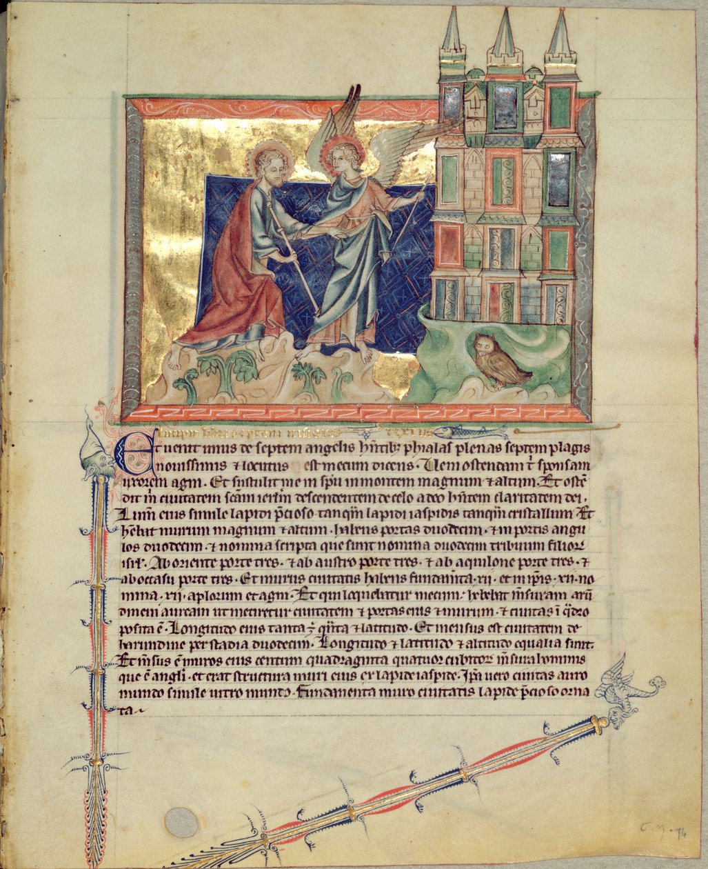 An Angel Showing the New Jerusalem to St. John the Evangelist, from the Gulbenkian Apocalypse, c.1265-70 by English School