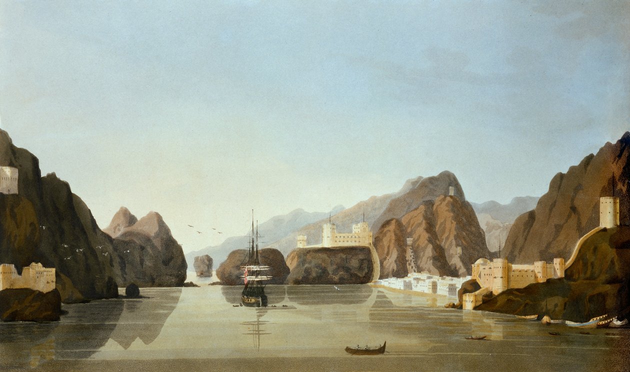 Muscat from the harbour with a British frigate at anchor, from Sixteen Views of Places in the Persian Gulf, by Lieutenant R. Temple, published 1813 by English School