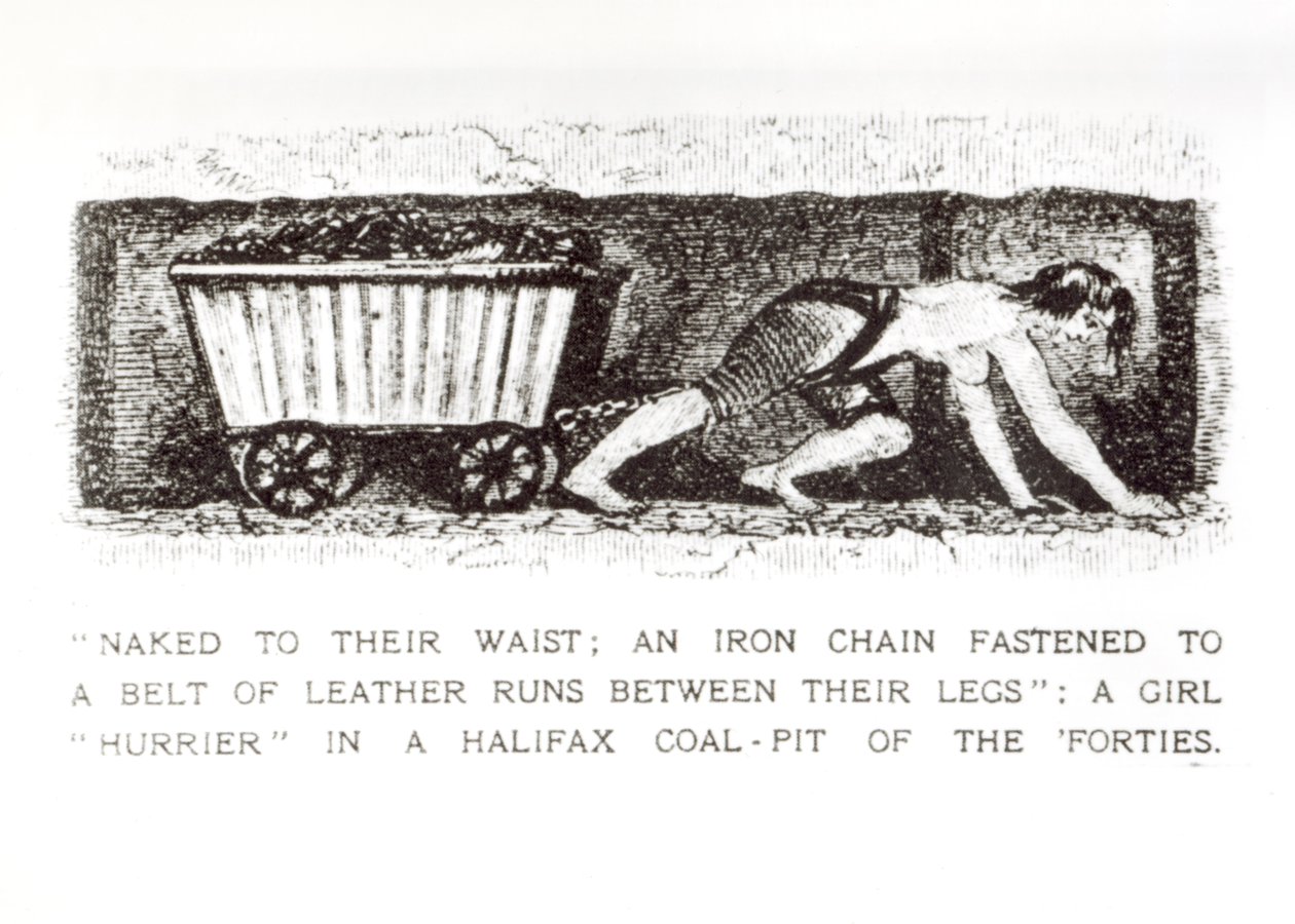 Naked to their Waist; An iron chain fastened to a belt of leather runs between their legs: A girl hurrier in a Halifax coal-pit of the Forties by English School