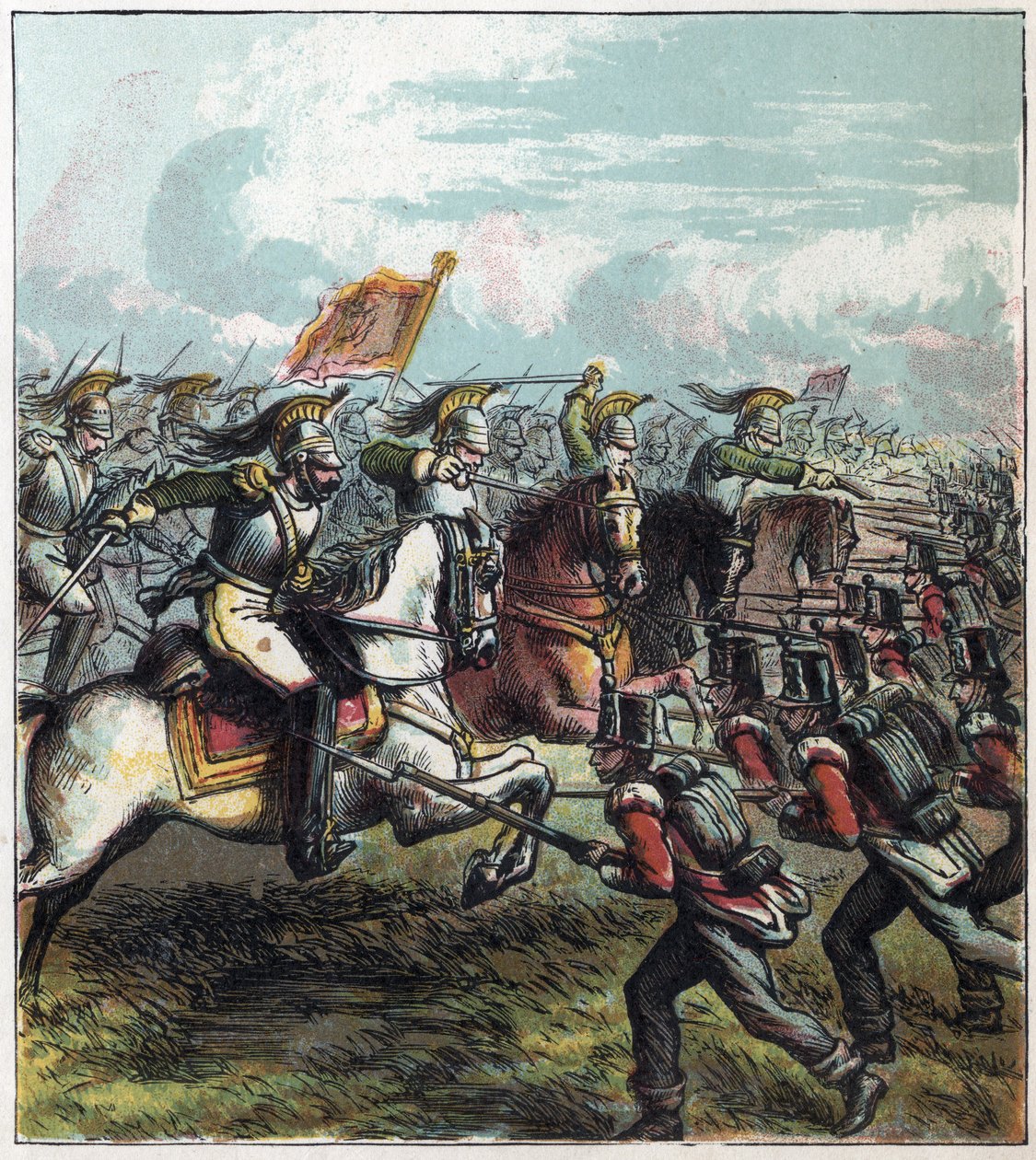 Napoleonic War: the Battle of Waterloo on 18/06/1815. The French cavalry of Napoleon I charged the English army, the defeat of the French marked the end of the Empire of Napoleon I. 