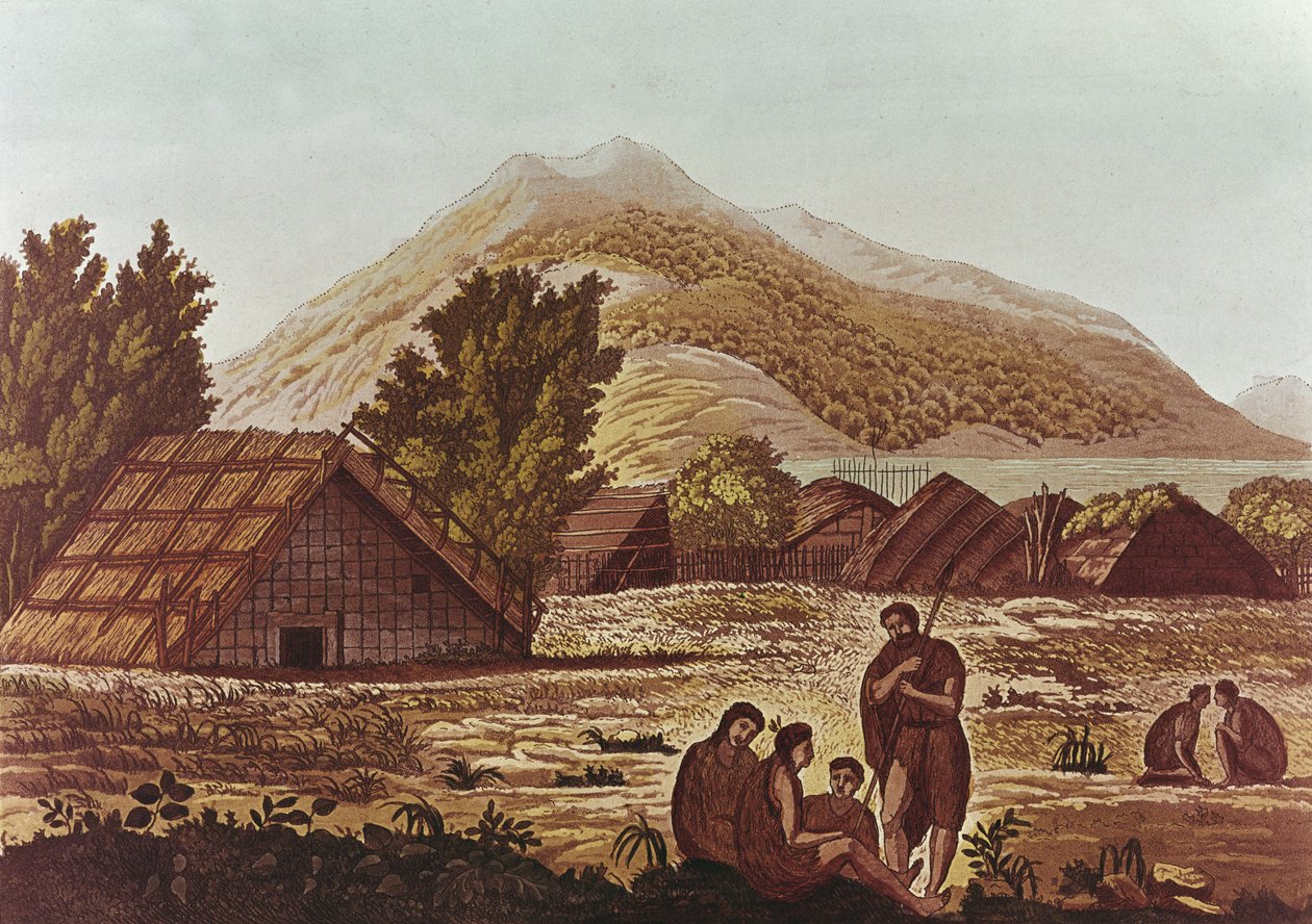 Natives, with Huts and Mountains Behind, Engraved by F. Fumagalli by English School