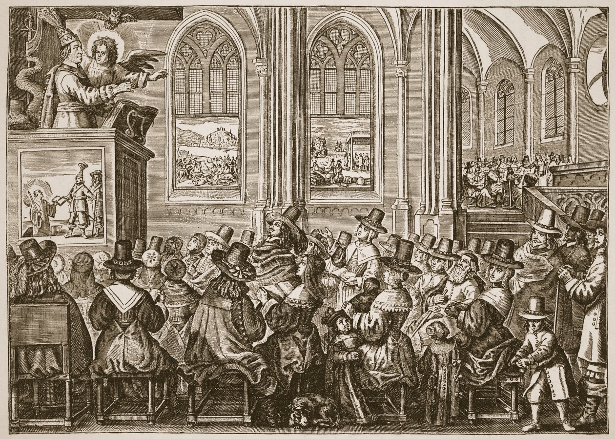 Oliver Cromwell preaching to a puritan congregation, illustration from The Church of England: A History for the People by H.D.M. Spence-Jones by English School