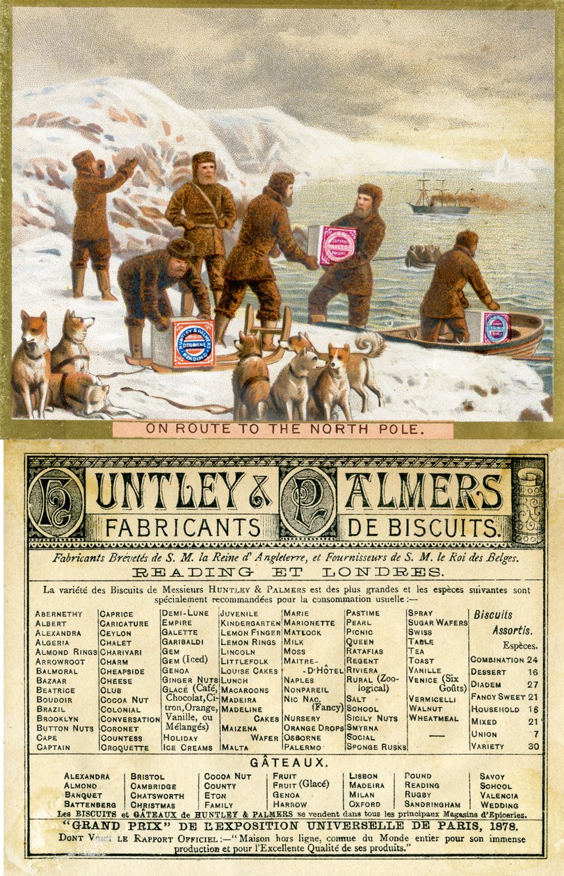 On Route to the North Pole, front and back of a promotional card for Huntley & Palmers Biscuits, produced for the French market, 1890 by English School