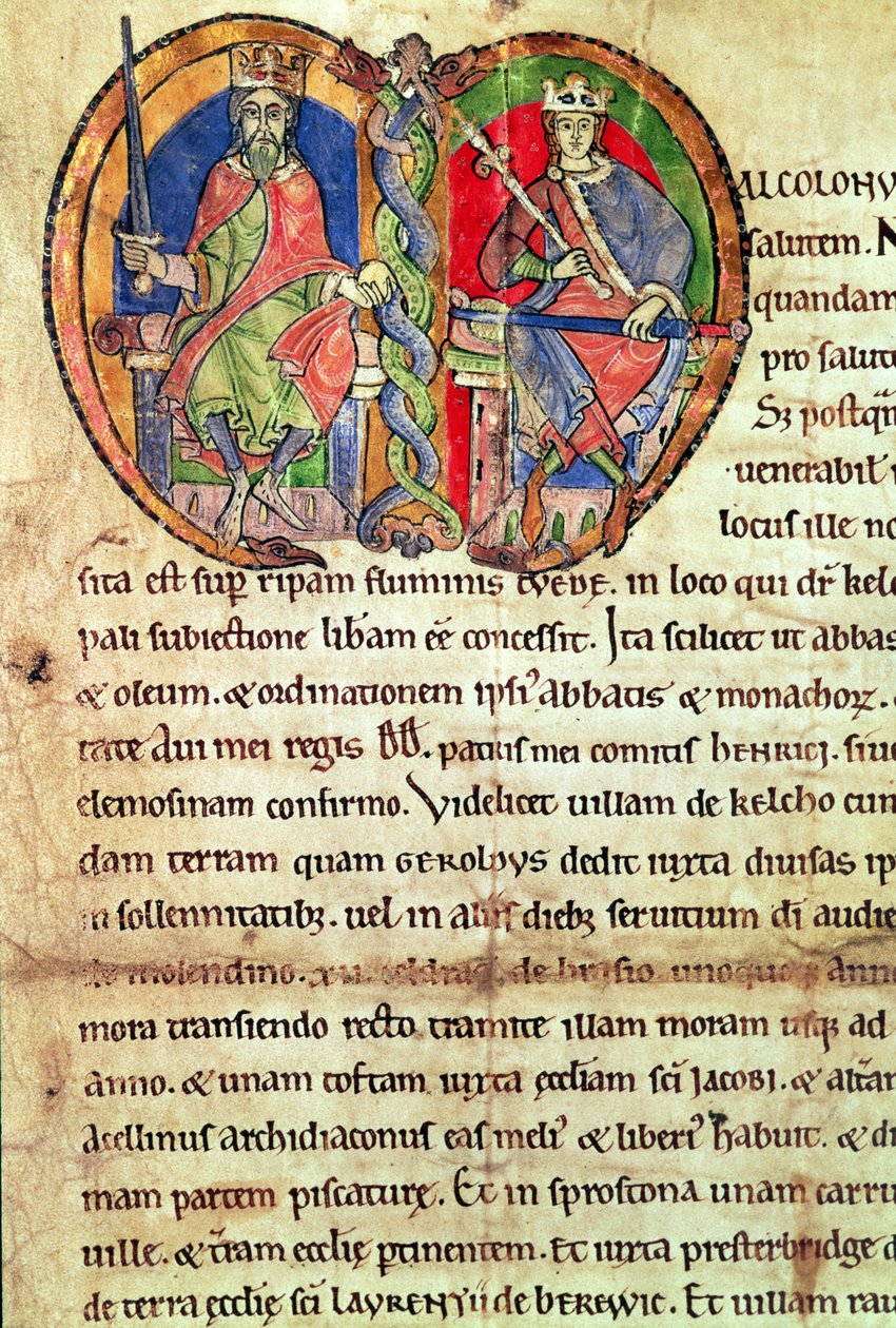 Page from the Charter of Kelso Abbey with an illuminated initial depicting King David I and his grandson Malcolm IV, 1159 by English School