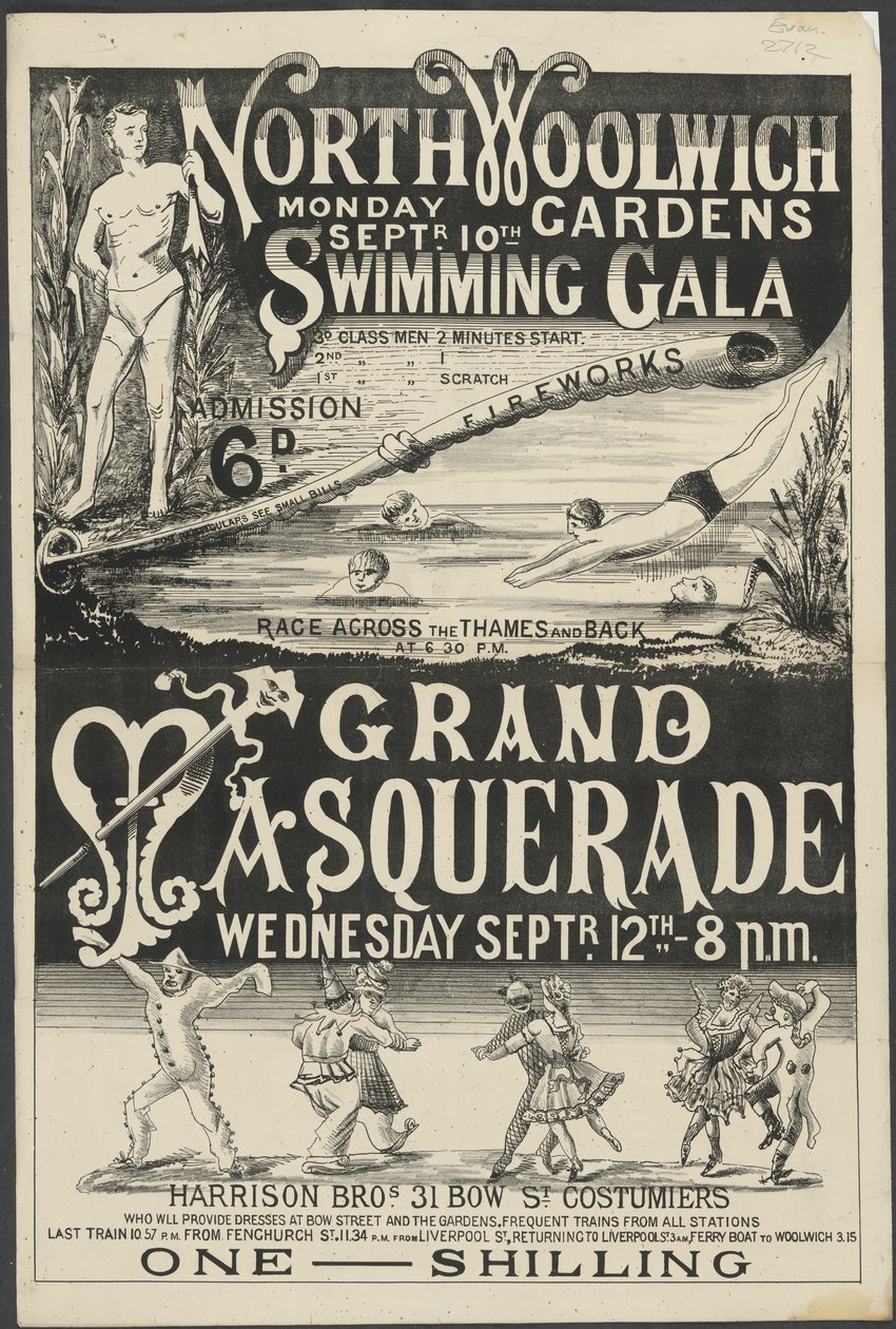 Pamphlet for Swimming Gala and Grand Masquerade, North Woolwich Gardens by English School