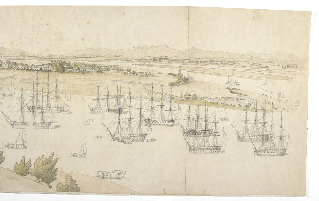 Panorama (Right Half) of Whampoa from Dane Island, with British and American Shipping in the Anchorage by English School