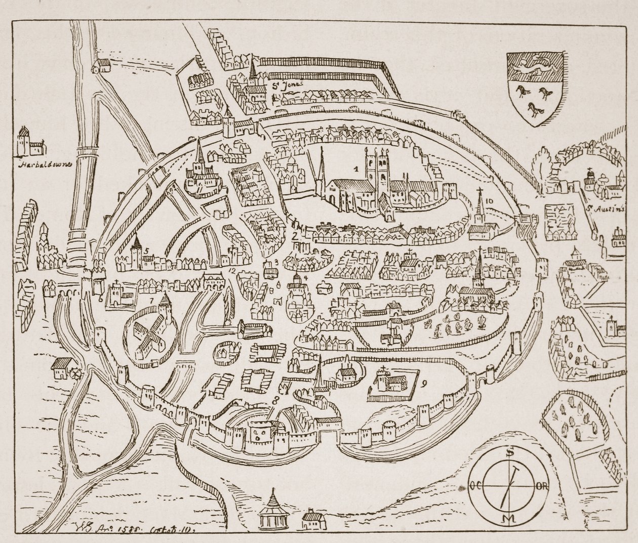 Panoramic view of Canterbury in the sixteenth century, illustration from The Church of England: A History for the People by H.D.M. Spence-Jones by English School