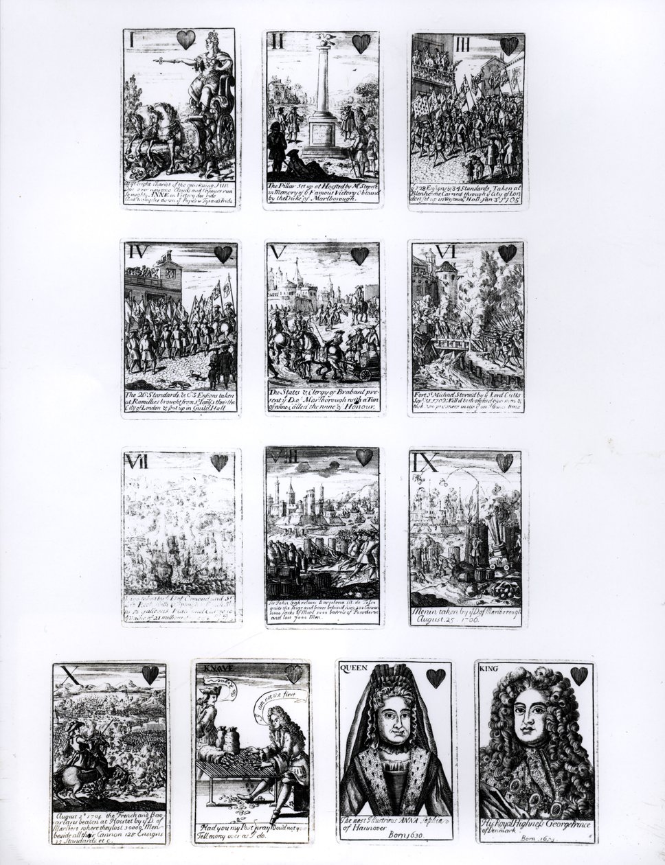 Playing Cards Commemorating the War of the Spanish Succession, Heart Suit, c.1707 by English School