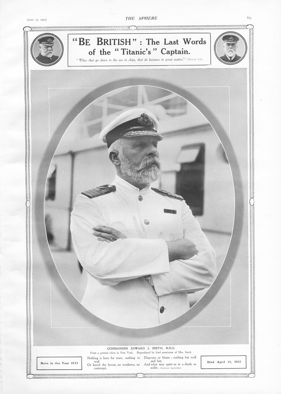 Portrait of and tribute to Commander Edward J. Smith, Captain of the White Star Liner RMS Titanic, from The Sphere, 27 April 1912 by English School
