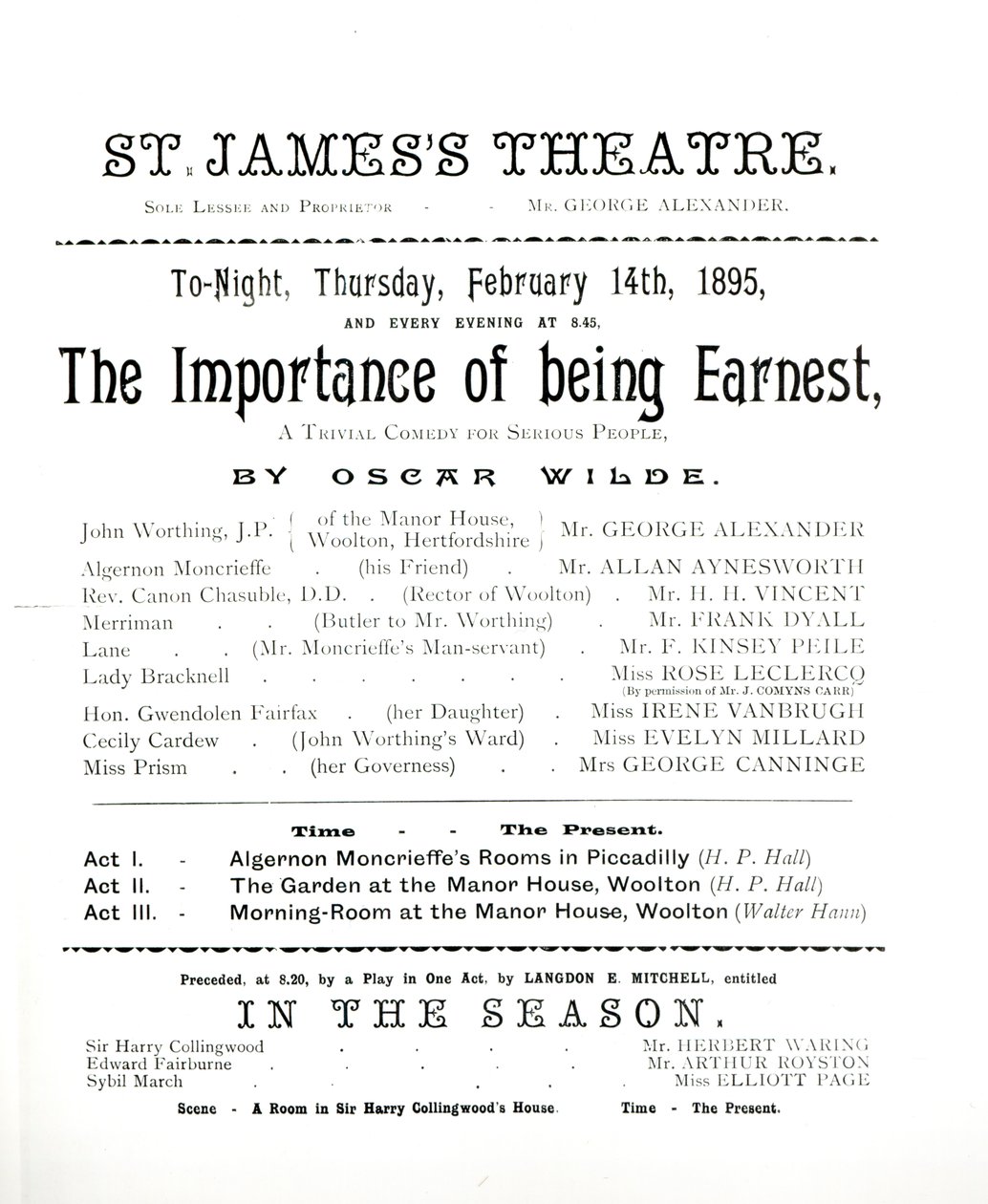 Programme for a performance of The Importance of Being Earnest, by Oscar Wilde at the St. James Theatre, 14 February 1895 by English School