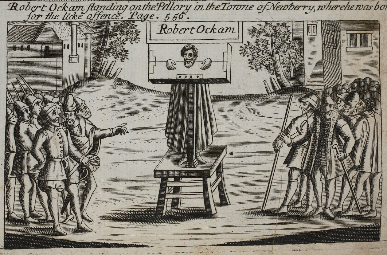 Robert Ockam standing on the pillory in the town of Newberry, where he was born, illustration from Acts and Monuments by John Foxe, ninth edition, published 1684 by English School