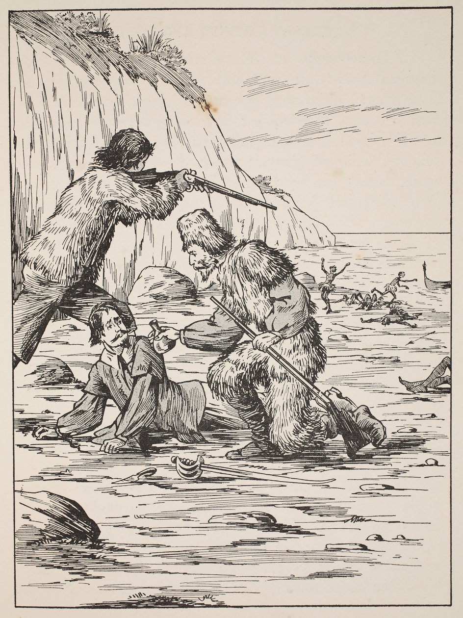 Robinson Crusoe and Friday rescuing the Spaniard
