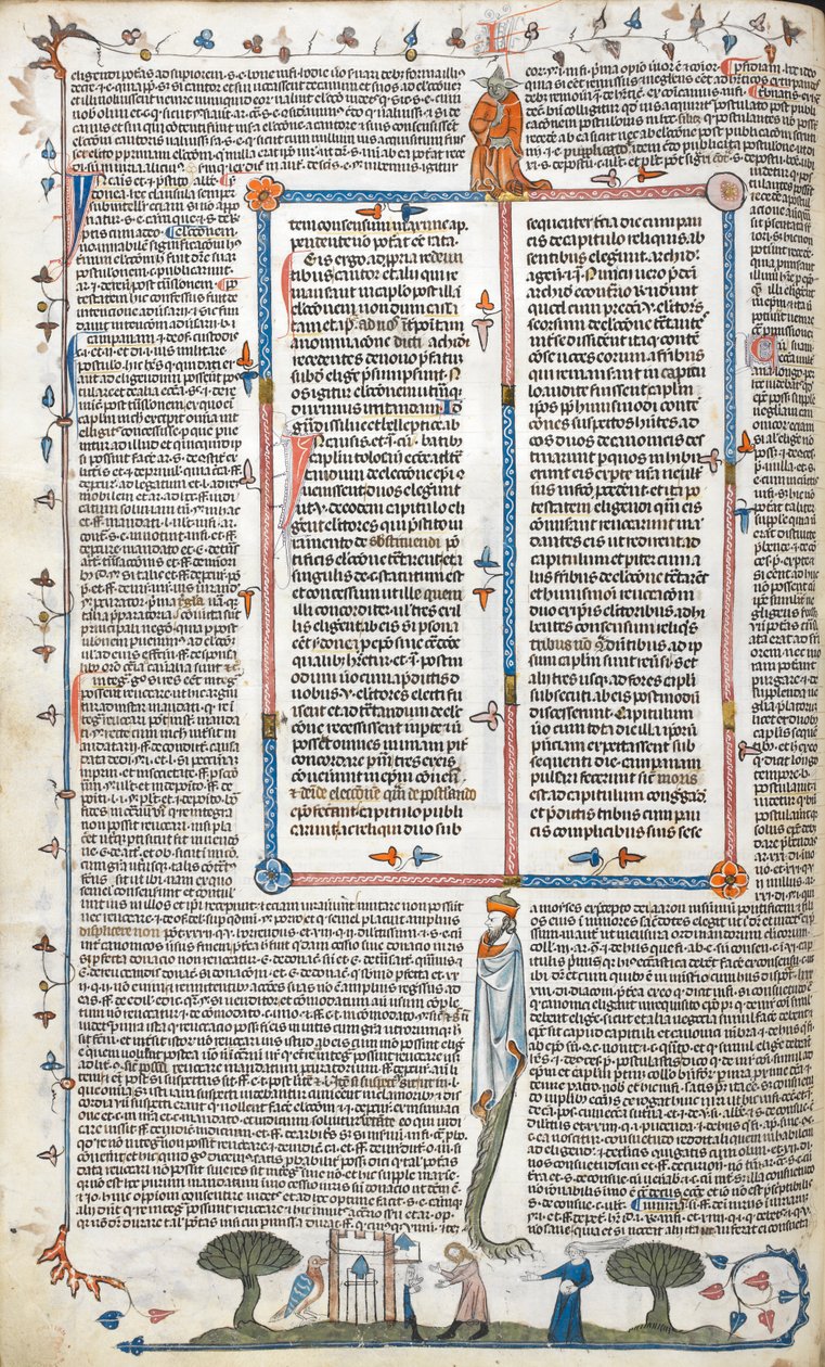 Text and bas-de-page scene of a man and a woman outside a building, from 