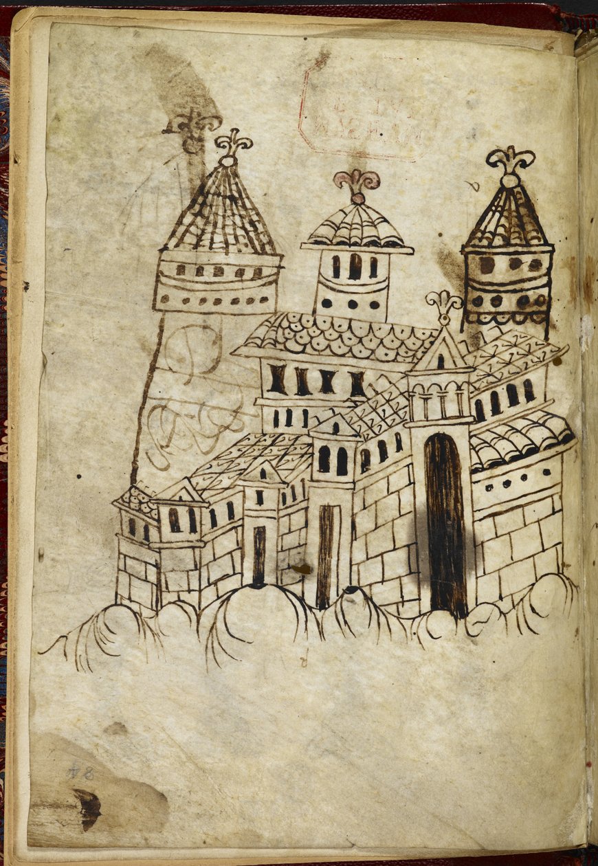 Romanesque building with three towers by English School