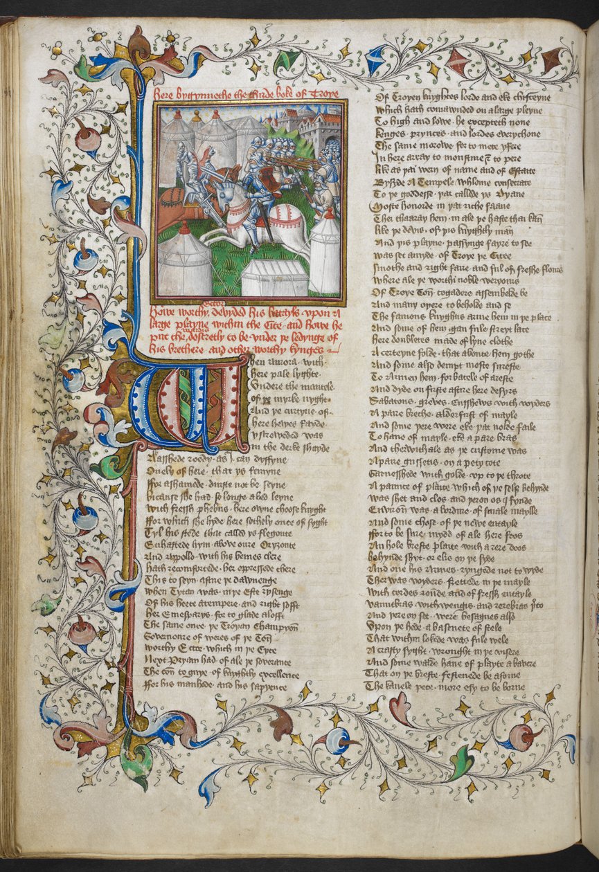 Miniature of Hector slaying Patroculus, with an illuminated initial 