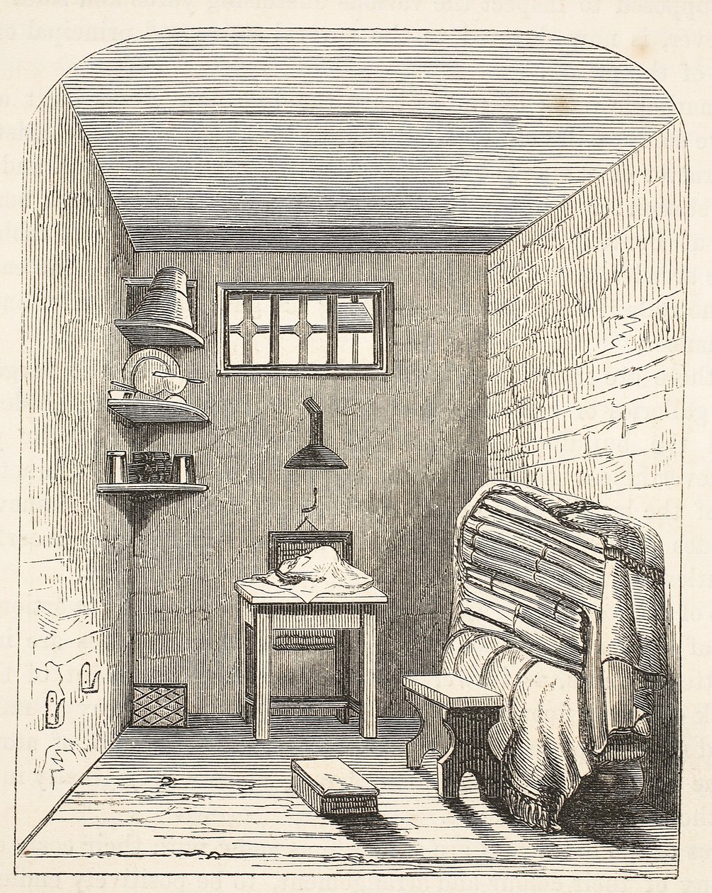 Separate cell in the old part of the Prison at Brixton, illustration from The Criminal Prisons of London and Scenes from Prison Life by Henry Mayhew and John Binny, pub. 1862 by English School