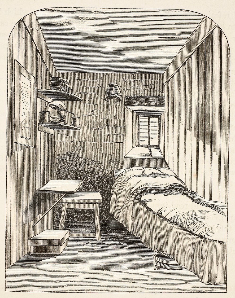 Separate sleeping-cell in one of the new wings of the Female Convict Prison at Brixton, illustration from The Criminal Prisons of London and Scenes from Prison Life by Henry Mayhew and John Binny, pub by English School