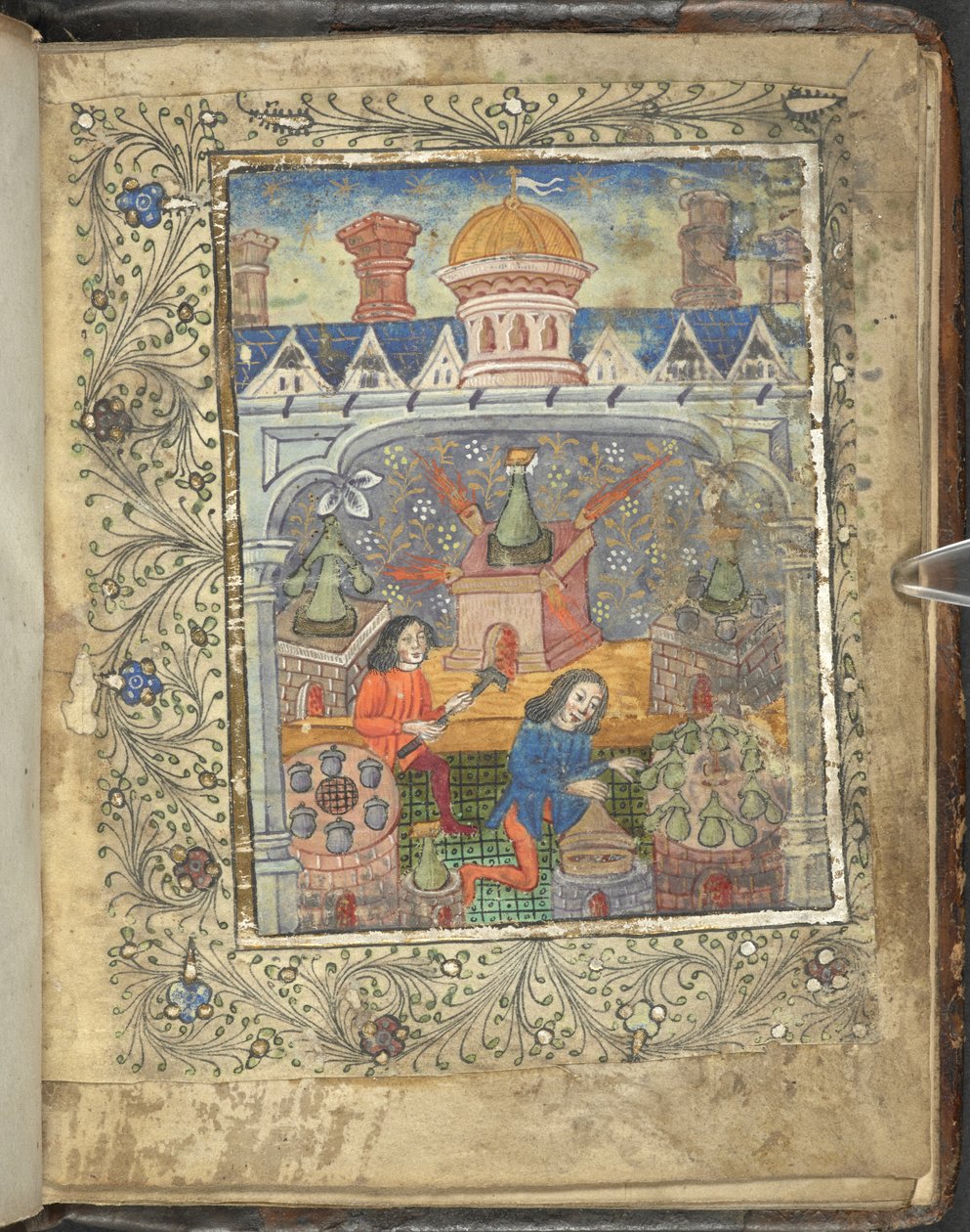 Seven furnaces with stills, tended by two men, beneath a roof with a cupola and chimneys, from 