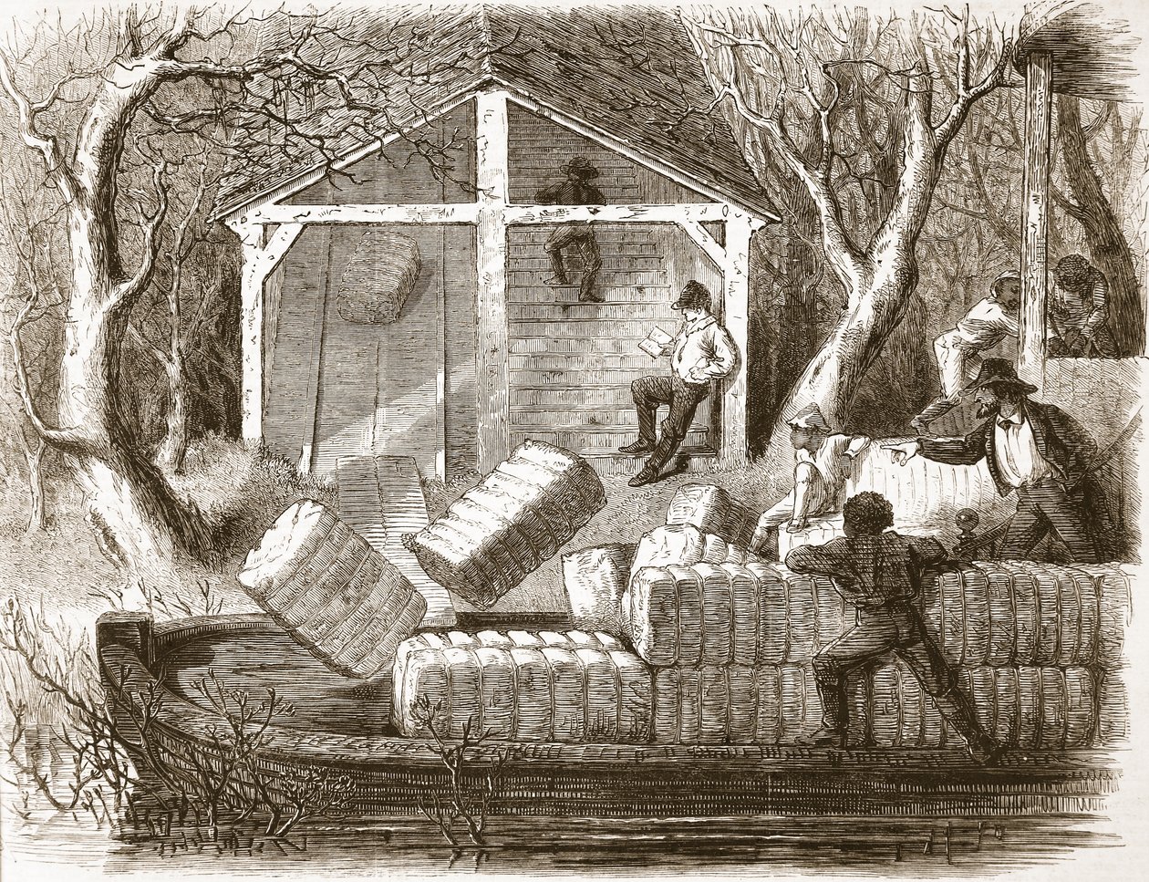 Shooting Cottin-bales into the fore part of the river-steamer Magnolia, illustration from The Illustrated London News, 1861 by English School