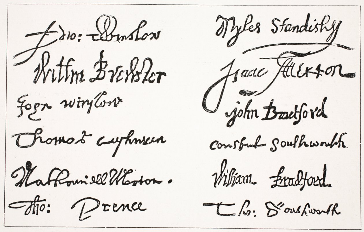 Signatures of the Pilgrim Fathers, illustration from Hutchinson