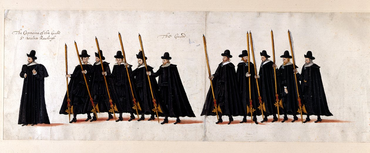 Sir Walter Raleigh, Captain of the Guard, and the Guard. Part of the funeral procession of Queen Elizabeth I to Westminster Abbey, 28 April 1603 by English School