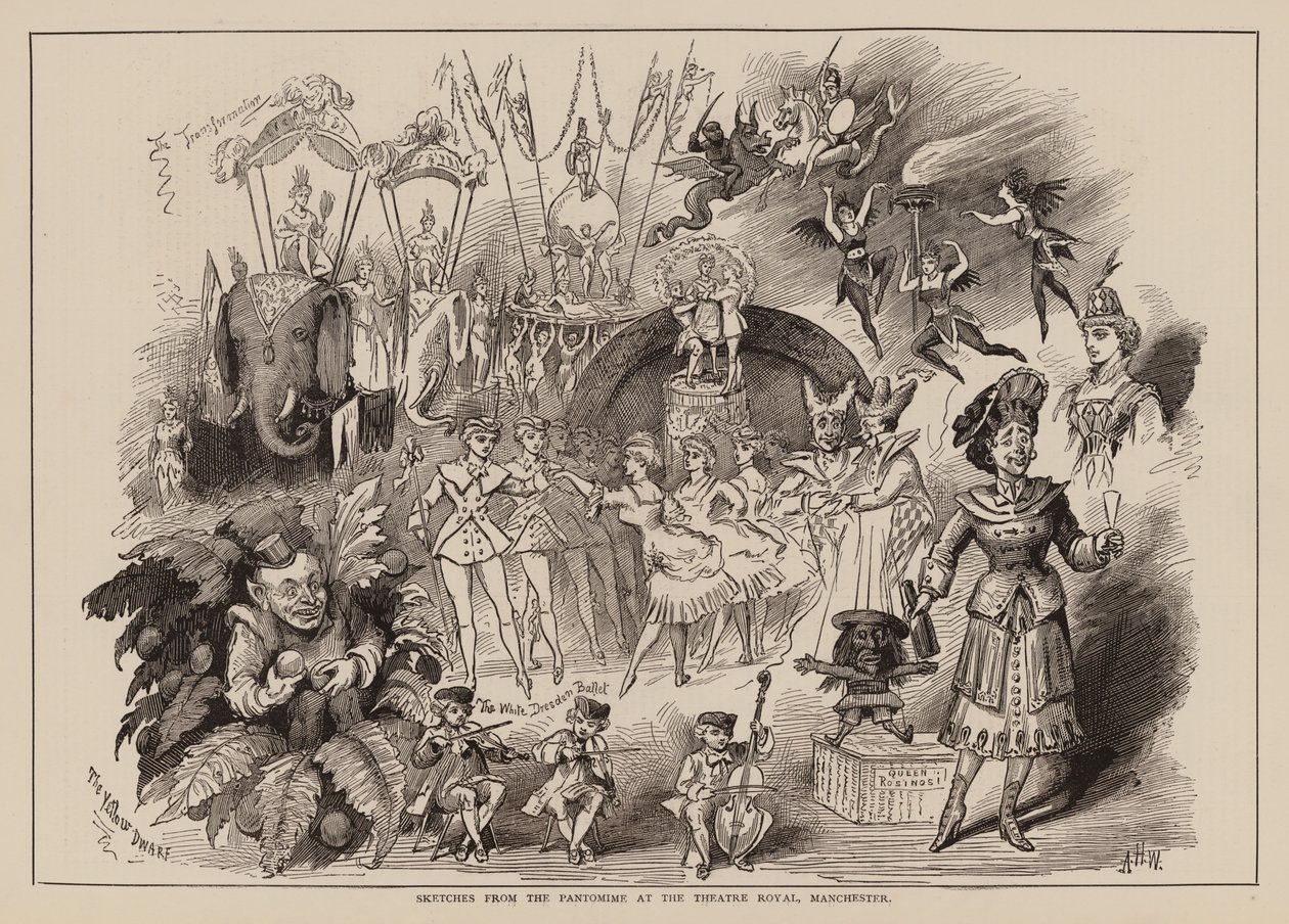 Sketches from the Pantomime at the Theatre Royal, Manchester by English School