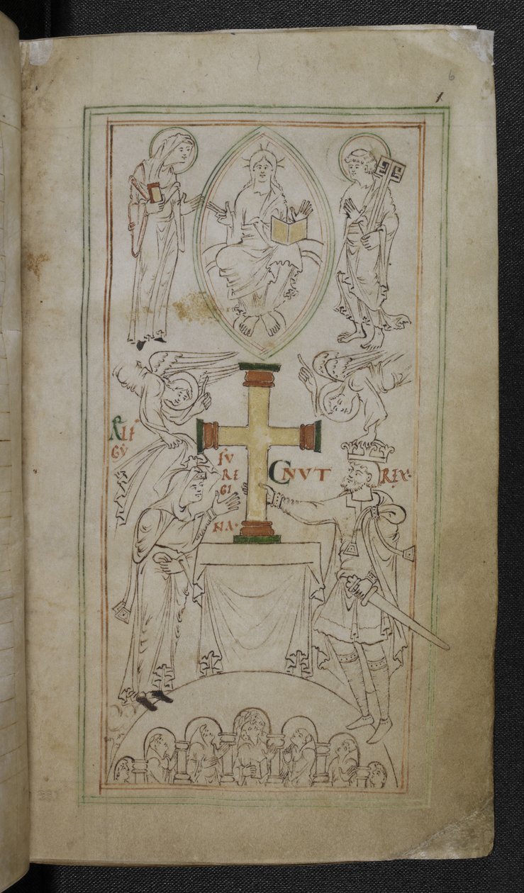 King Cnut and his Queen, Aelfgyfu, presenting a cross upon the altar of the New Minster (from 