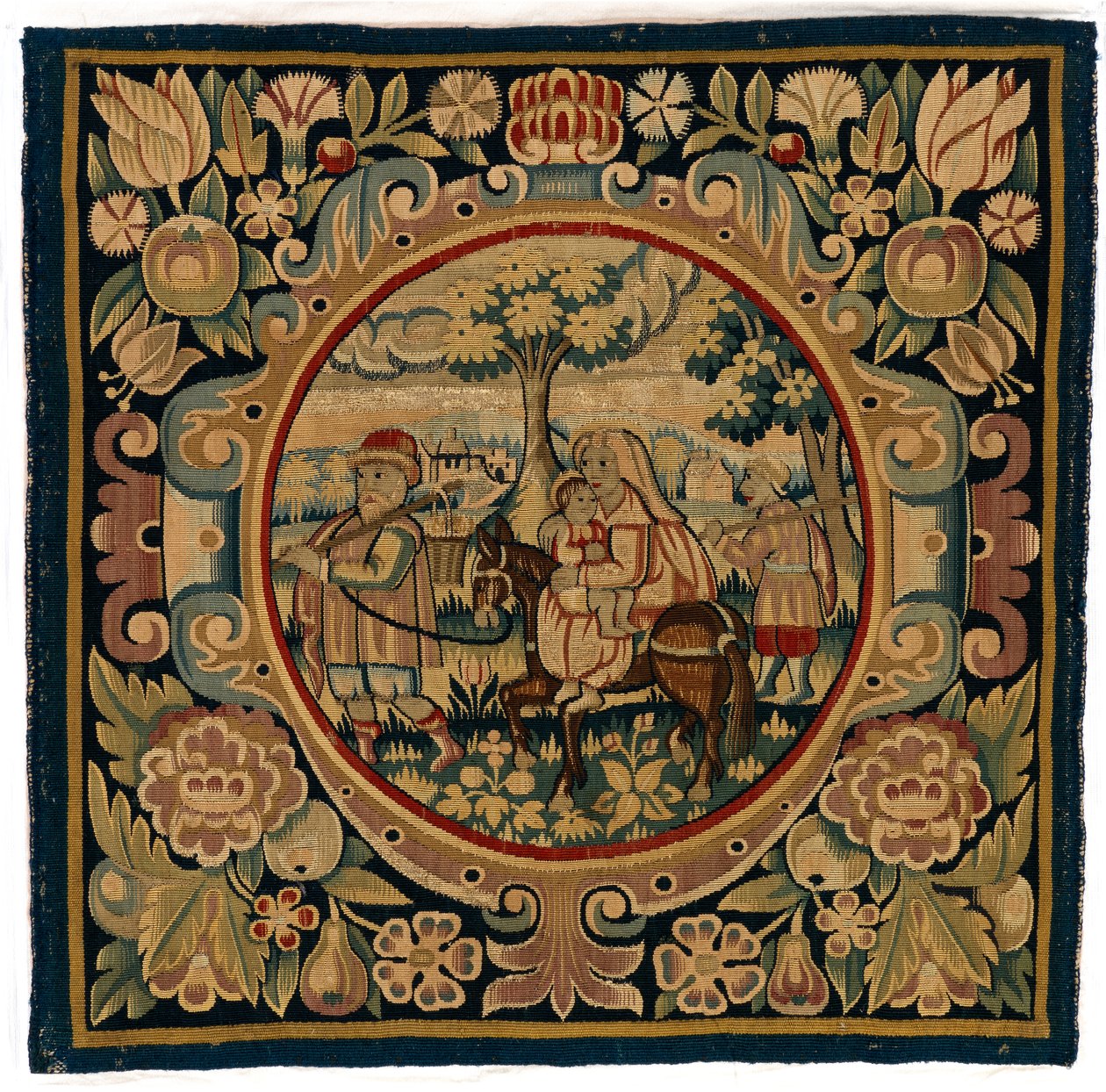 Tapestry Cushion Cover Depicting the Flight into Egypt, Made Possibly in Sheldon, England, Early 17th Century by English School
